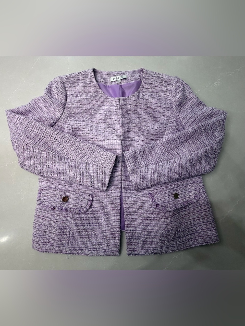 Kasper Barbara Lavender Mist Tweed Collarless Blazer, 14